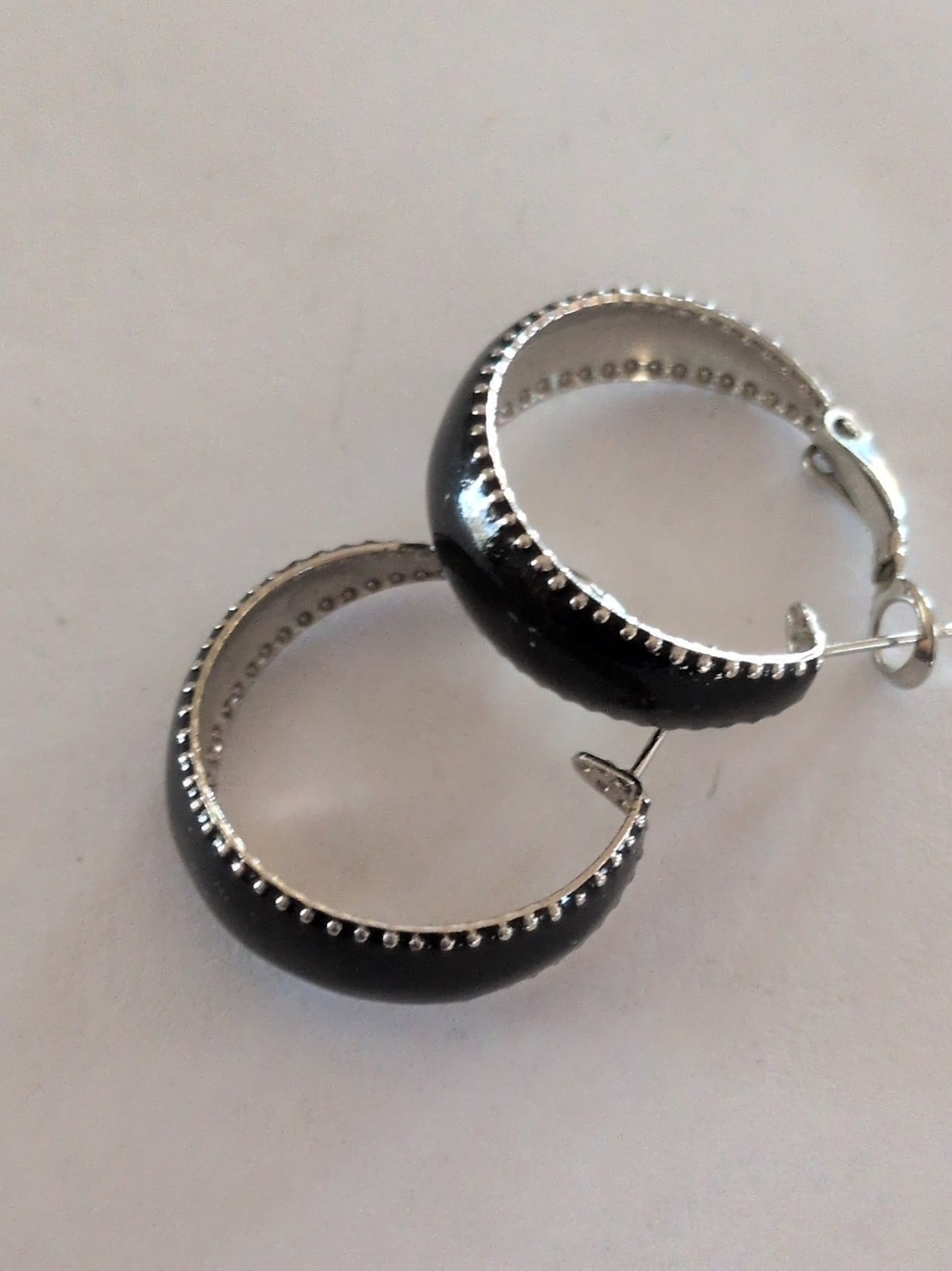 Black Hoop Earrings with Silver Trim - Women Jewelry